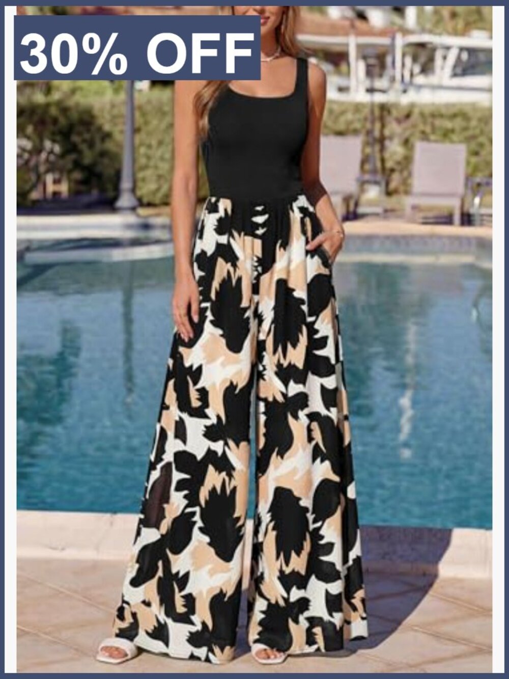 Boho Floral Wide Leg Jumpsuit with Pockets Sleeveless Summer Romper - Picture 2 of 7